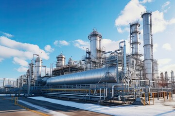 modern petrochemical plant with reactors and converters under heavy sky with copy space