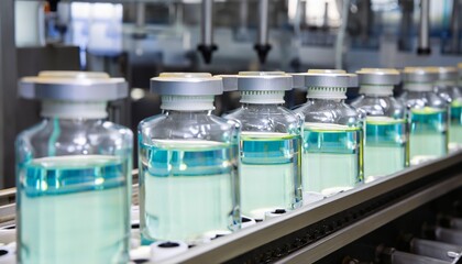 Bottles of medicine are in manufacturing process JPG. Generative AI. 