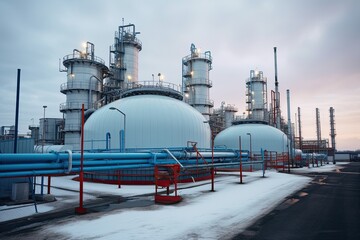 modern petrochemical plant with reactors and converters under heavy sky with copy space