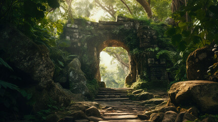 Stone archway in the middle of a forest. Generative Ai