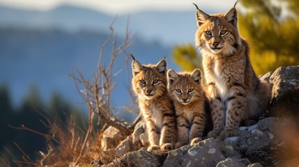 lynx mother with cubs in natural habitat