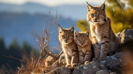 Zelfklevend Fotobehang lynx mother with cubs in natural habitat © Anything Design