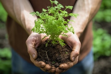 Naklejka na ściany i meble hand holding seedling, ready to plant in garden