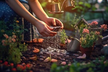 hands watering freshly sown seeds in garden