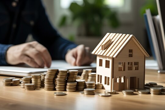 Hausfinanzierung im Blick: Miniatur-Haus mit Geld auf dem Tisch