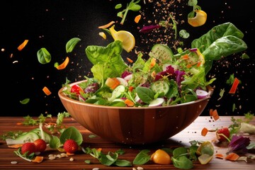 fresh salad ingredients falling into a bowl