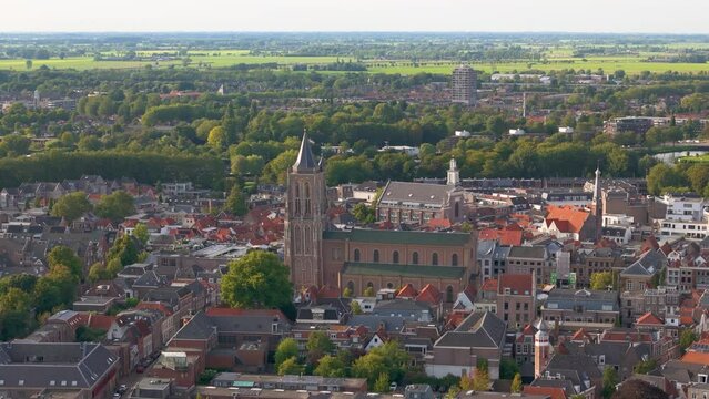 Aerial view of the church and skyline in the city named Gorinchem in the Netherlands