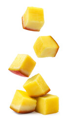 Pieces of mango fall on a pile on a white background. Isolated