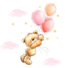 Cute cartoon teddy bear with balloons; watercolor hand drawn illustration; can be used for kid posters or baby shower; with white isolated background - 637313343
