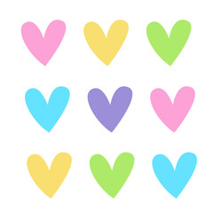 Set of colorful hearts in doodle style. Collection of 9 hearts vector illustration isolated on white background. Pack of hand-drawn heart icons for cutting. Decor for weddings, valentine's day, cards