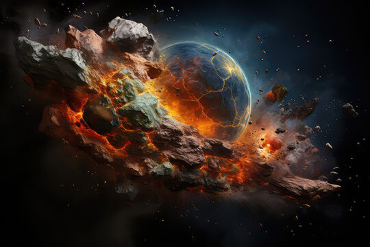 Asteroids crashing with the Earth. Conceptual illustration.