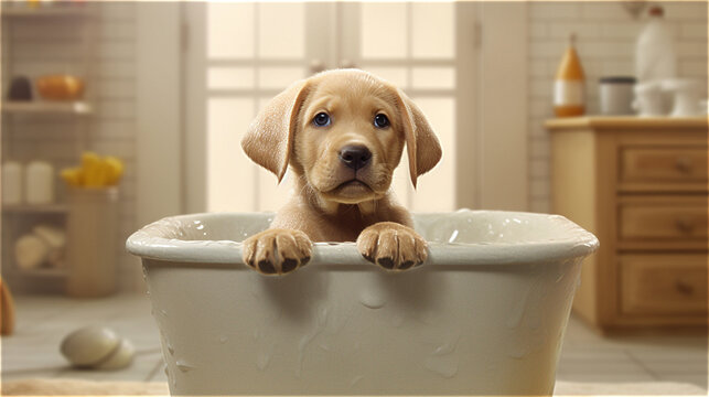labrador retriver puppy bathing in basin, warm style bathroom with dresser and door on background, created with Generative AI Technology.