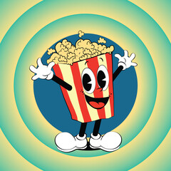 Happy smiling Popcorn bucket. Cute cartoon character with hands, legs. Retro comic style. Cinema, movie theater, movie watching, food concept. Hand drawn Vector illustration