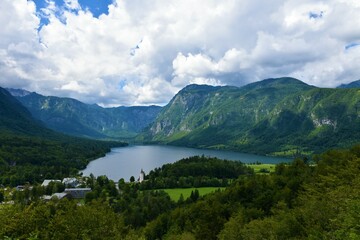View of Bohin lake and Julian alps above in Gorenjska, Slovenia