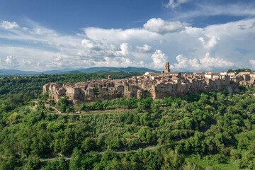 Aerial view of Italian medieval city, Pitigliano in the province of Grosseto in southern Tuscany,...