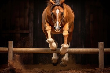 close-up of horse hooves clearing a hurdle mid-jump