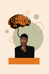 Vertical collage image of minded guy arm touch chin brainstorming huge brain connection head...