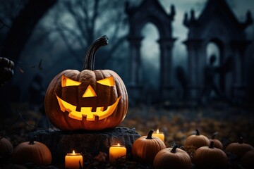 Scaring cemetery with Evil Jack-o'-lantern - Helloween. Halloween concept