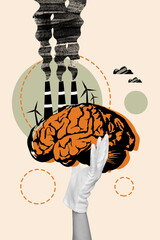 Vertical collage image of black white effect arm glove hold big brain nuclear power plant pollute...