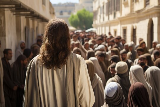 Jesus zu Weihnachten oder Ostern. Geschichte mit Jesus. Beten, predigen und Ruhe ausstrahlen an Orten wie Jerusalem. Erwachsener Jesus Charakter.  