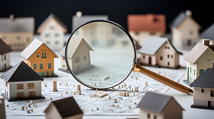 Searching new house for purchase.Looking for real estate agency, Rental housing market. Magnifying glass near residential building - obrazy, fototapety, plakaty