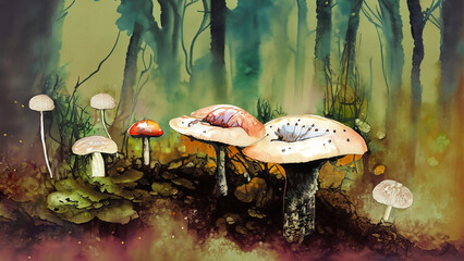 watercolour mushrooms in the forest