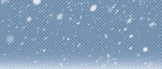 Falling Christmas snowflakes in transparent beauty, delicate and small, isolated on a clear background. Snowflake elements, snowy backdrop. Vector illustration of intense snowfall, snowflakes in diver