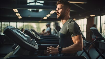 Fototapeta na wymiar Athletic man running on a treadmill in the gym.