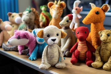 close-up of stuffed animals in various stages of completion