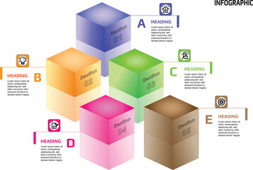 Infographic 3d square box elements design. Business infographic, modern infographic design template. Presentation business infographic template with 5 options or five steps.