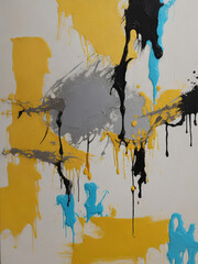 Splashes of bright paint on the canvas.Gold, black, blue and gray colors - Generative Ai