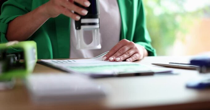 Agreement on stamping company female secretary. Official business document approved
