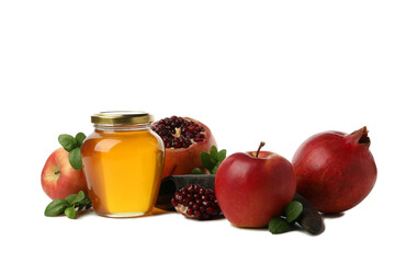 PNG, apples, pomegranates and jar of honey, isolated on white background