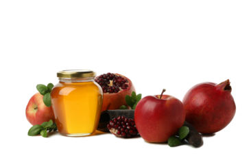 PNG, apples, pomegranates and jar of honey, isolated on white background