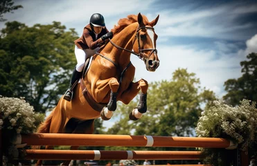 Fotobehang a professional equestrian on a horse jumping over a hurdle © siripimon2525