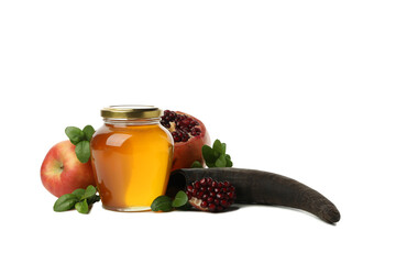 PNG, apple, pomegranate, jar of honey and horn, isolated on white background