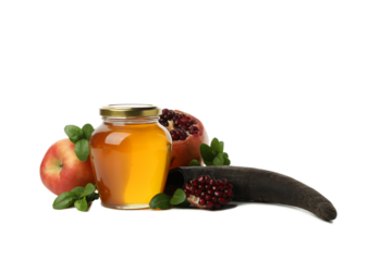 PNG, apple, pomegranate, jar of honey and horn, isolated on white background