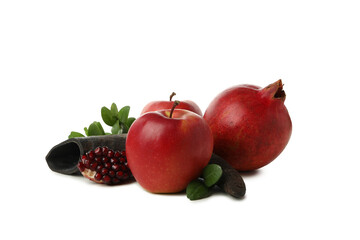 PNG, apples, pomegranate and horn, isolated on white background