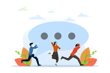 concept of team discussion, community or social feedback, dialogue or communication announcement, businessman and businessman team members help present big speech bubble with copy space.