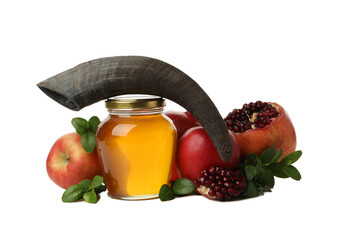 PNG, apples, pomegranates, jar of honey and horn, isolated on white background
