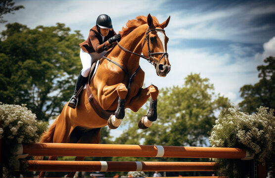 a professional equestrian on a horse jumping over a hurdle