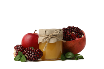 PNG, apple, pomegranates and jar of honey, isolated on white background