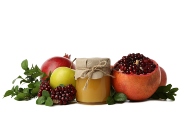 PNG, apple, pomegranates and jar of honey, isolated on white background