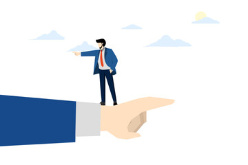 dispute or opposite road concept, employee conflict direction, quarrel between coworkers, different thinking, decision problem, small businessman standing on giant hand pointing opposite direction.