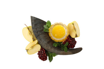 PNG, apples, pomegranate, jar of honey and horn, isolated on white background, top view