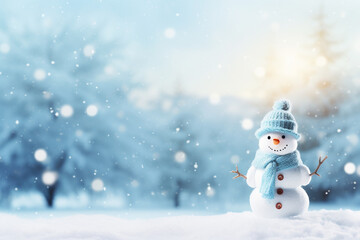 Naklejka na ściany i meble Merry christmas and happy new year greeting card with copy-space.Happy snowman standing in winter christmas landscape. AI Generative