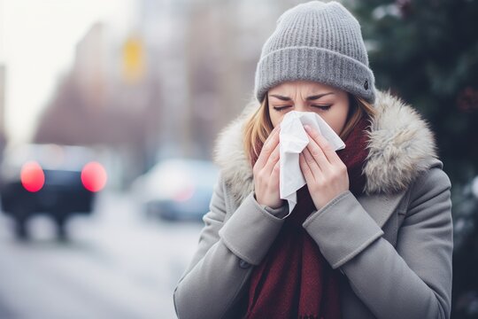 Frau mit einer Erk&auml;ltung drau&szlig;en mit Taschentuch im Herbst und Winter. Darstellung von Schnupfen oder einer Grippe im Alltag. Nase putzen bei kaltem Wetter. 
