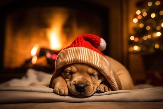 Cute dog. Animals with Christmas hat in the living room in front of the fireplace. Christmas cozy room, warmly decorated for advent and christmas