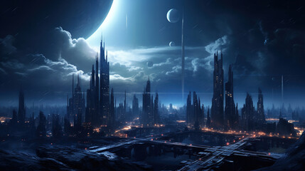 Futuristic City with a Large Planet in the Background. Generative Ai