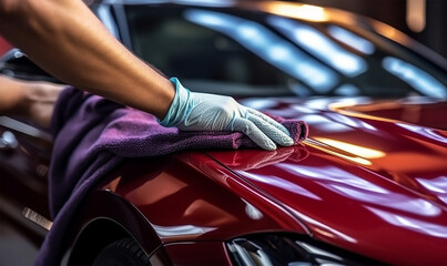A man meticulously cleaning a car with a microfiber cloth